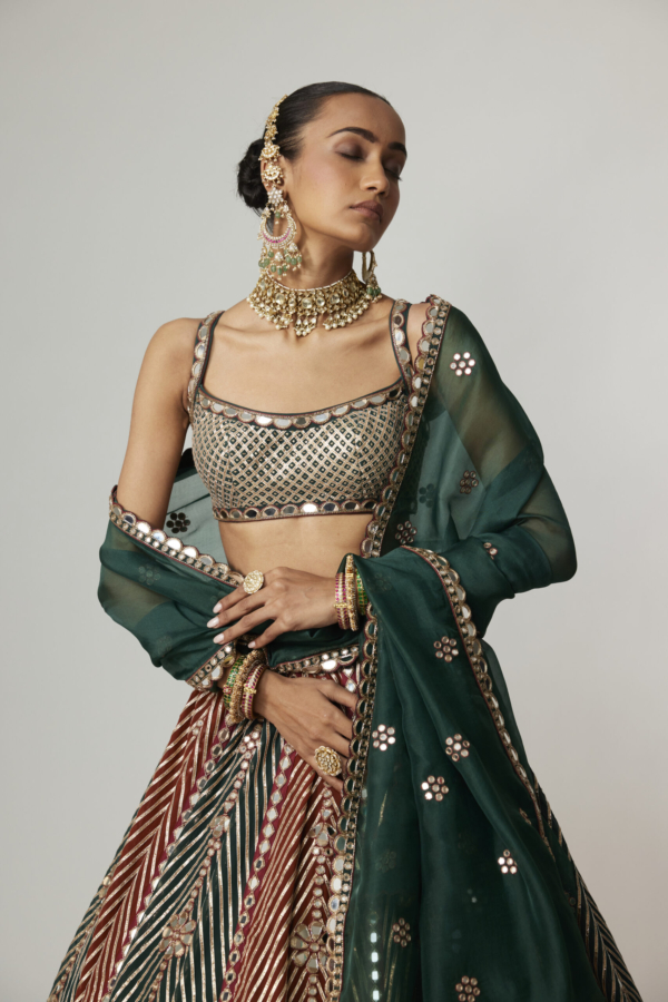 CRANBERRY MULTICOLOR LINEAR FLOWER LEHENGA SET WITH SQUARE NECK BLOUSE
