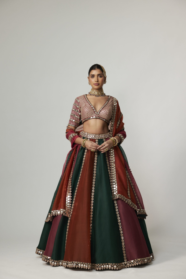 CRANBERRY MULTICOLOR LINEAR LEHENGA WITH V NECK BLOUSE