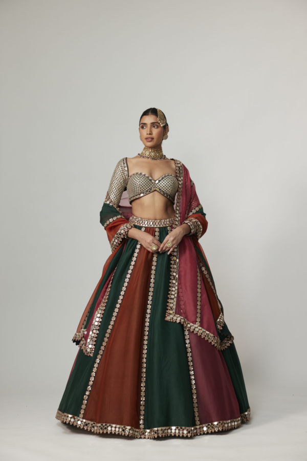 CRANBERRY MULTICOLOR LINEAR LEHENGA WITH SWEETHEART FULL SLEEVE BLOUSE.