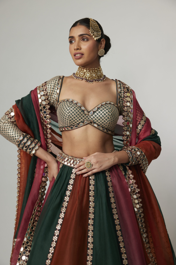CRANBERRY MULTICOLOR LINEAR LEHENGA WITH SWEETHEART FULL SLEEVE BLOUSE.