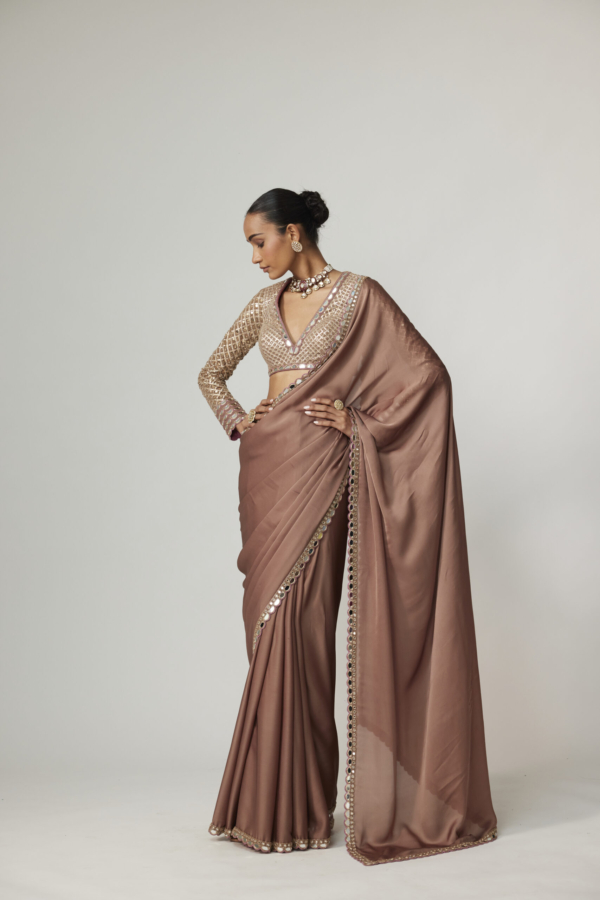 DEEP BEIGE SATIN SAREE SET