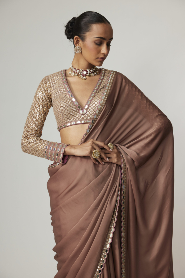 DEEP BEIGE SATIN SAREE SET