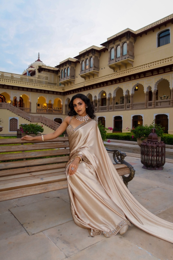 VISHAKHA HOLSAMBRE In Light Beige satin Saree Set