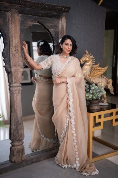 PAVITRA SAGAR In Beige V Neck Pearl Pre-Draped Saree Set
