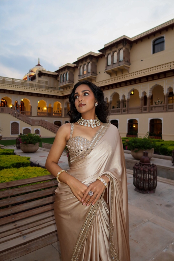 VISHAKHA HOLSAMBRE In Light Beige satin Saree Set