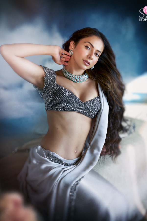 Crystal Grey Satin Saree Set (RAKULPREET SINGH)