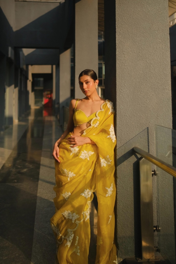 Upalina Gupta in Moss Green Flower Saree Set