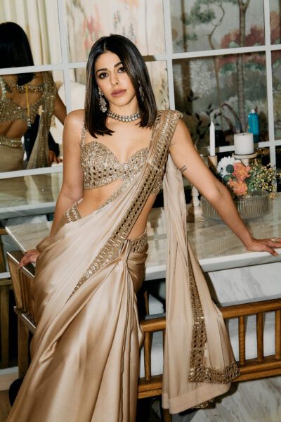 ALAYA F. IN MIRROR SATIN SAREE SET