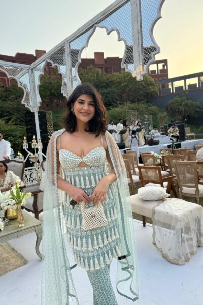 DEEKSHA KHURANA In Powder Blue Chandelier Pearl Drop Piroi Kurta Set