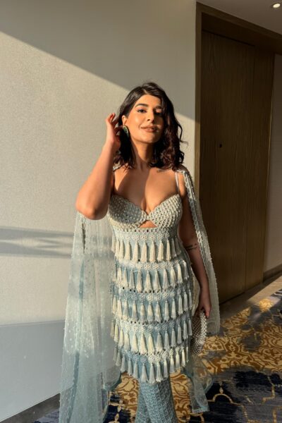 DEEKSHA KHURANA In Powder Blue Chandelier Pearl Drop Piroi Kurta Set