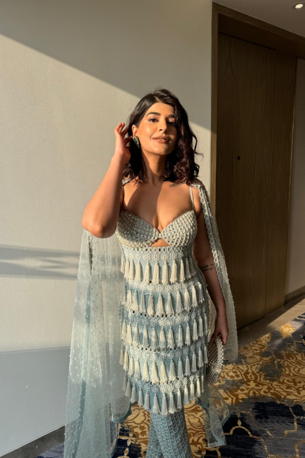 DEEKSHA KHURANA In Powder Blue Chandelier Pearl Drop Piroi Kurta Set