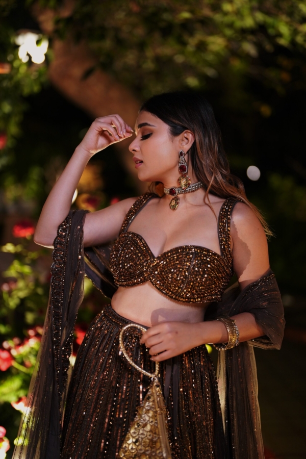 RIYA JAIN In Copper crystal Linear embroidered Lehenga set