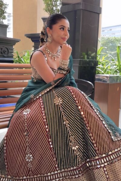 ISHA MULTANI In Cranbery Multicolor Linear FLower  Lehenga Set