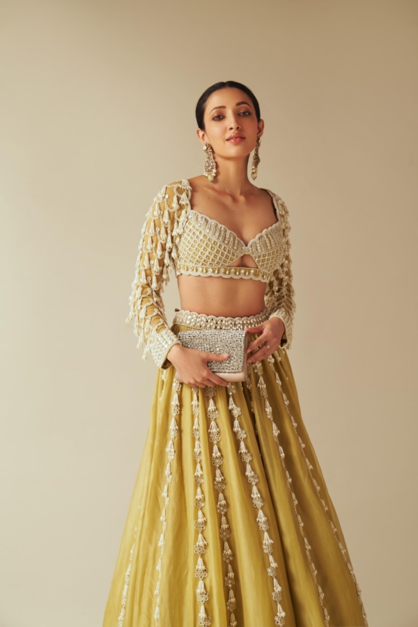 Piroi Fern Green Chandelier Pearl Drop Lehenga set (NEHA SHETTY)