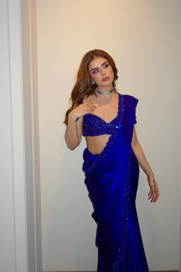 MUSKAN CHANANA In Cocktail Blue Satin Saree Set