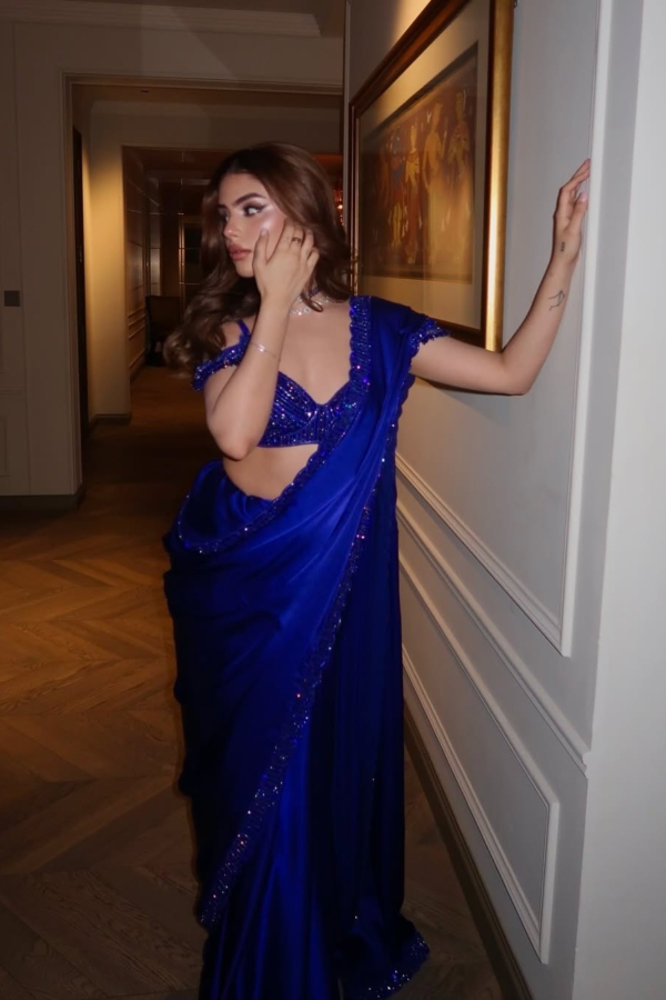 MUSKAN CHANANA In Cocktail Blue Satin Saree Set