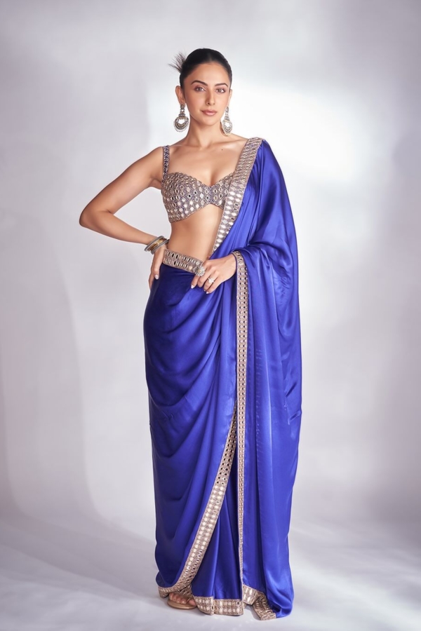 Persian Blue Mirror Satin Saree Set ( RAKULPREET SINGH )