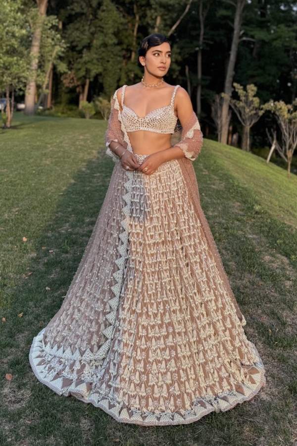 BHAVDEEP KAUR In Deep Beige Chandelier Pearl Drop Lehenga Set
