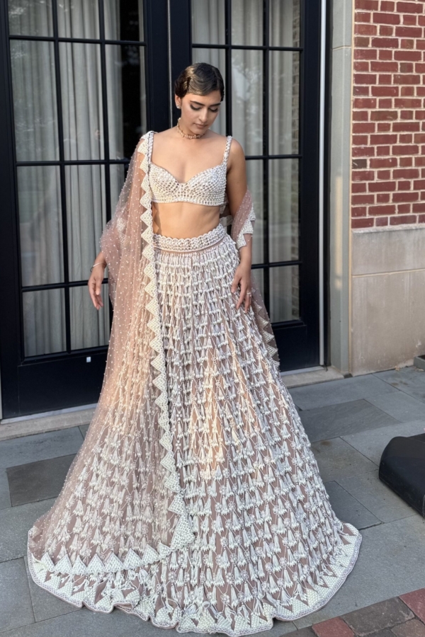 BHAVDEEP KAUR In Deep Beige Chandelier Pearl Drop Lehenga Set
