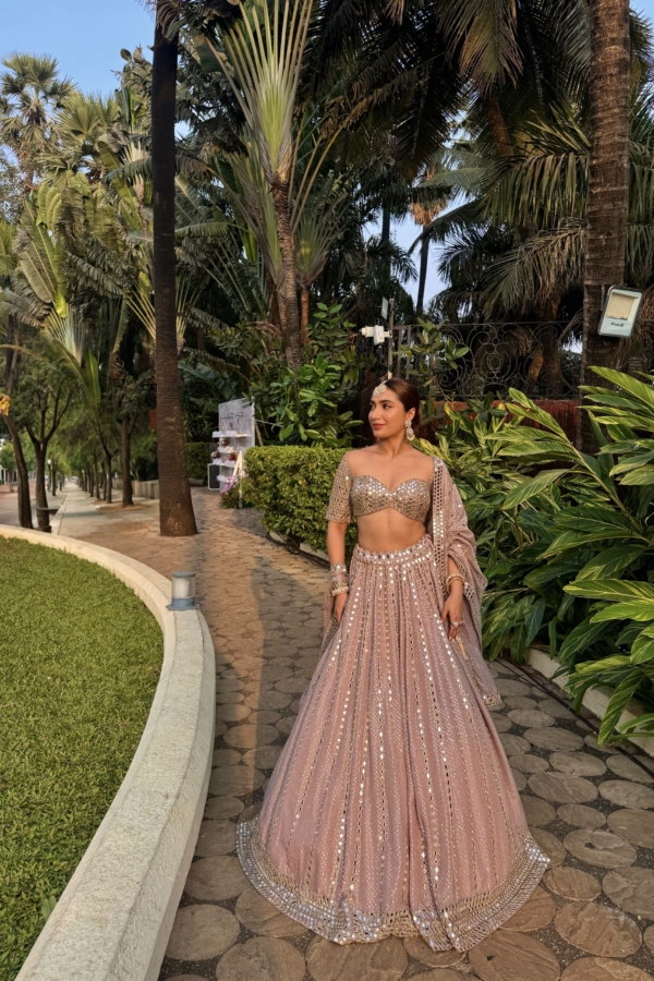 AVANTIKA IN Ash Pink Sequin Embroidered Lehenga Set