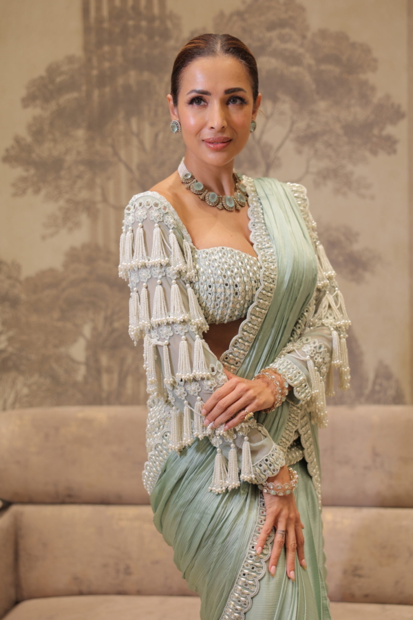 Chandelier Drop Powder Mint Piroi Saree Set (MALAIKA ARORA)