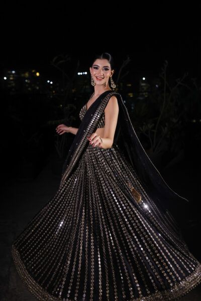 HANNA KHAN In Black Linear Mirror Embroidered Lehenga Set