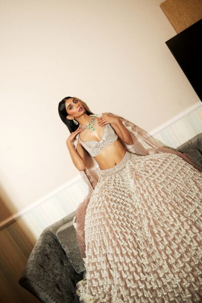 DOLLY SINGH In Deep Beige Chandelier Pearl Drop Lehenga Set