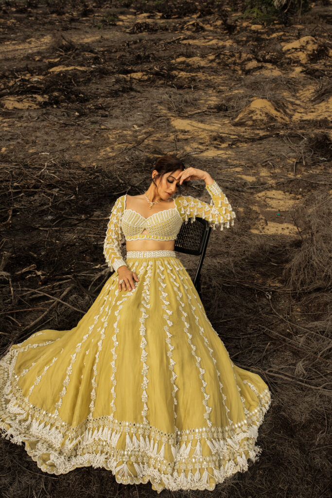 REGENA CASSANDRRA In Fern Green Chandelier Pearl Drop Lehenga set