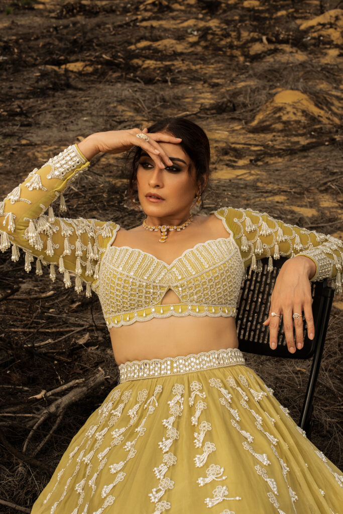 REGENA CASSANDRRA In Fern Green Chandelier Pearl Drop Lehenga set