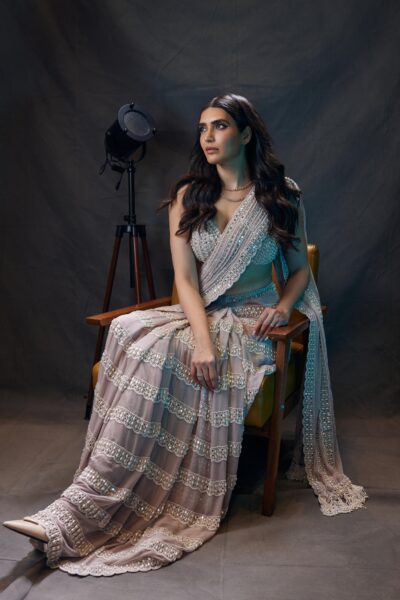 Ash Pink Chandelier Pearl Drop Saree Set (Karishma Tanna)