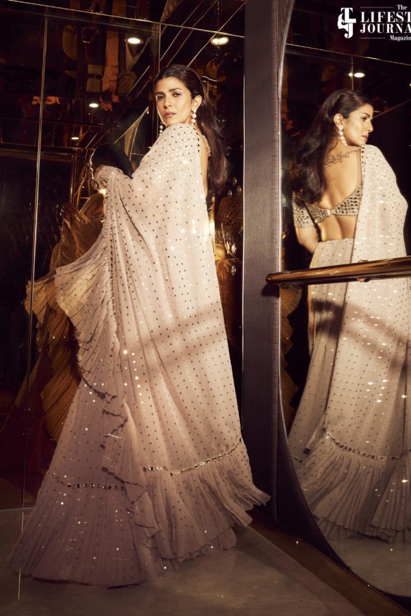 NIMRAT KAUR In Pink (ash) Georgette Frill Saree Set