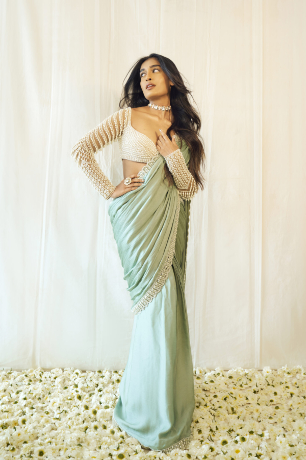 NIHARIKA NM In Powder Mint Green Chandelier Drop Saree Set