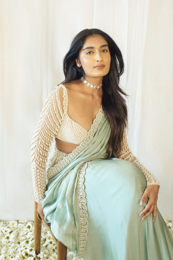 NIHARIKA NM In Powder Mint Green Chandelier Drop Saree Set