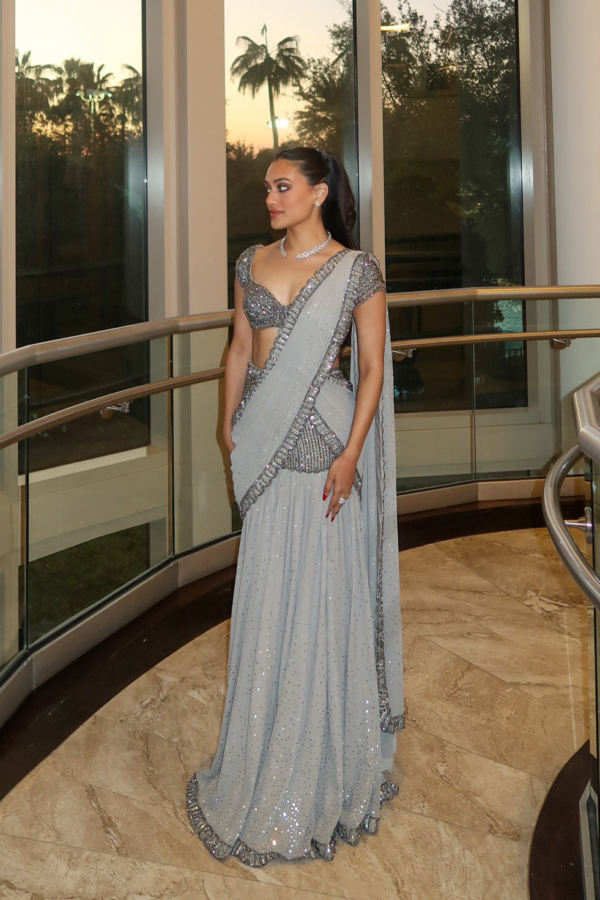 JULLY In Maya Crystal Grey Pre Draped Saree Set