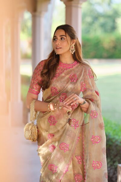 SUMMIYYA In Chand Golden Shimmer Organza Saree Set