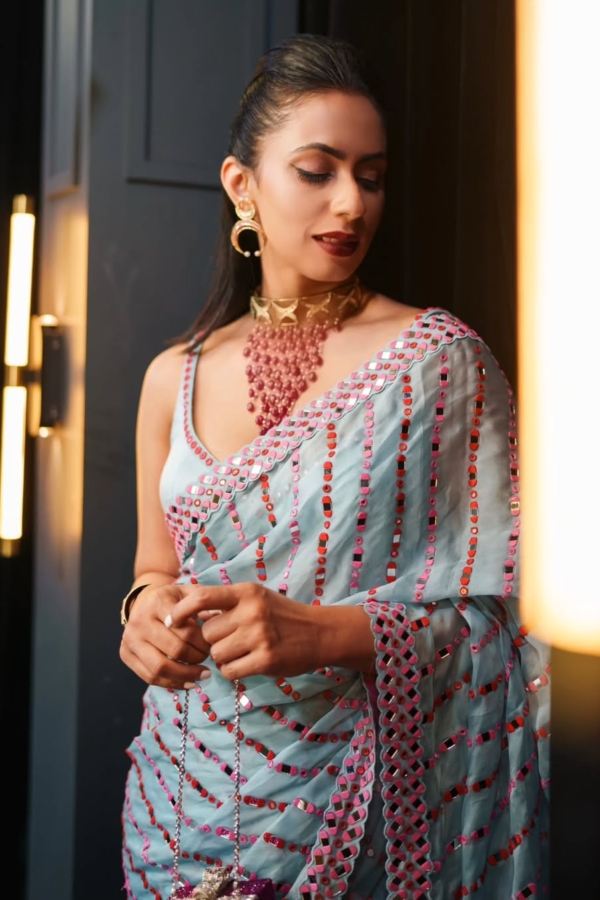 PAVITRA SAGAR In Chahak Ice Blue Mirror Work Saree Set