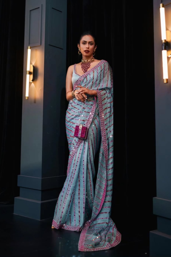 PAVITRA SAGAR In Chahak Ice Blue Mirror Work Saree Set