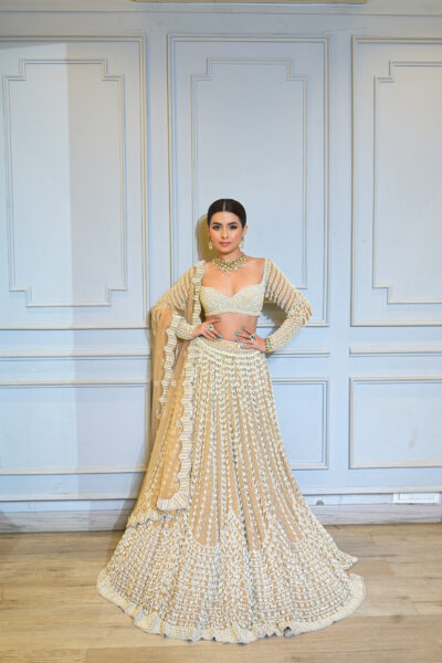 PRERNA MEHRA in Jhoomar Beige Chandelier Pearl Lehenga Set
