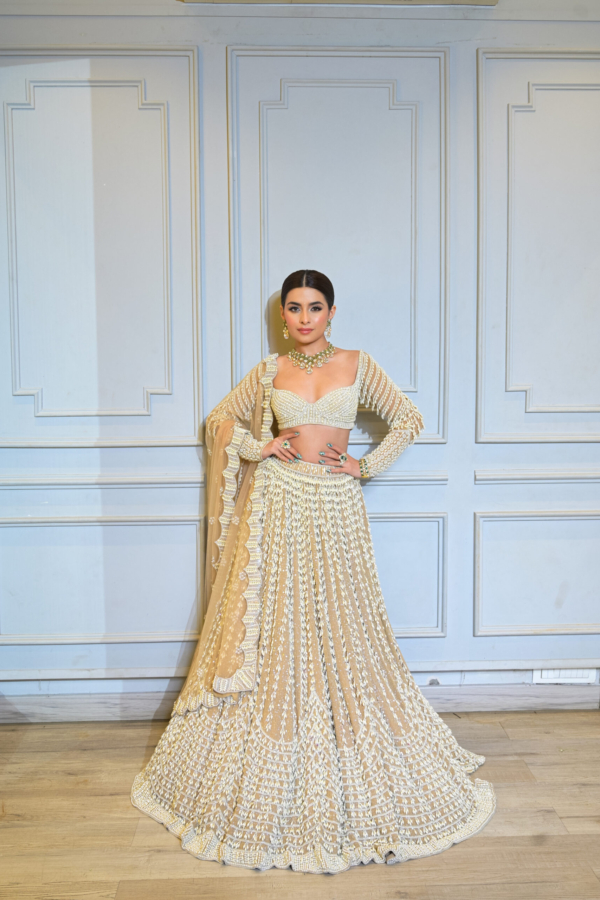 PRERNA MEHRA in Jhoomar Beige Chandelier Pearl Lehenga Set