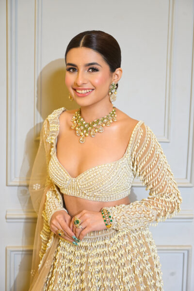 PRERNA MEHRA in Jhoomar Beige Chandelier Pearl Lehenga Set