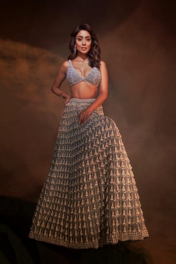 SHRIYA SARAN In Dark Grey Chandelier Pearl Drop Lehenga Set