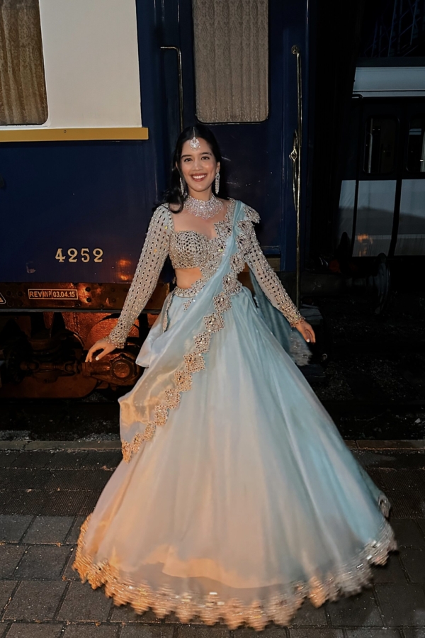 SHIVANI BAFNA In Powder Blue Mirror Embroidered Lehenga Set