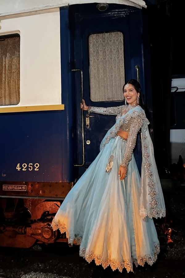 SHIVANI BAFNA In Powder Blue Mirror Embroidered Lehenga Set