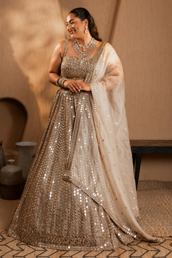SAKSHI SINDWANI In Light Beige Mirror Lehenga Set