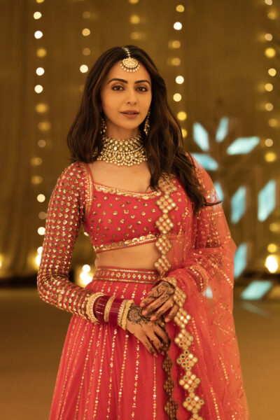 Linear Ishya Deep Coral Lehenga Set (RAKULPREET)