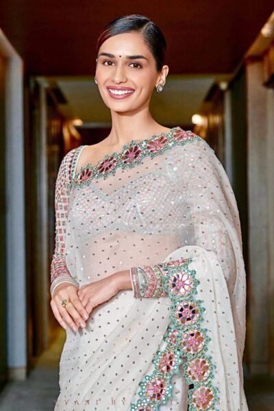MANUSHI CHHILLAR In White Hand Cut Mirror Border Saree Set