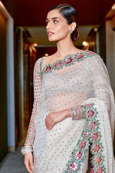 MANUSHI CHHILLAR In White Hand Cut Mirror Border Saree Set