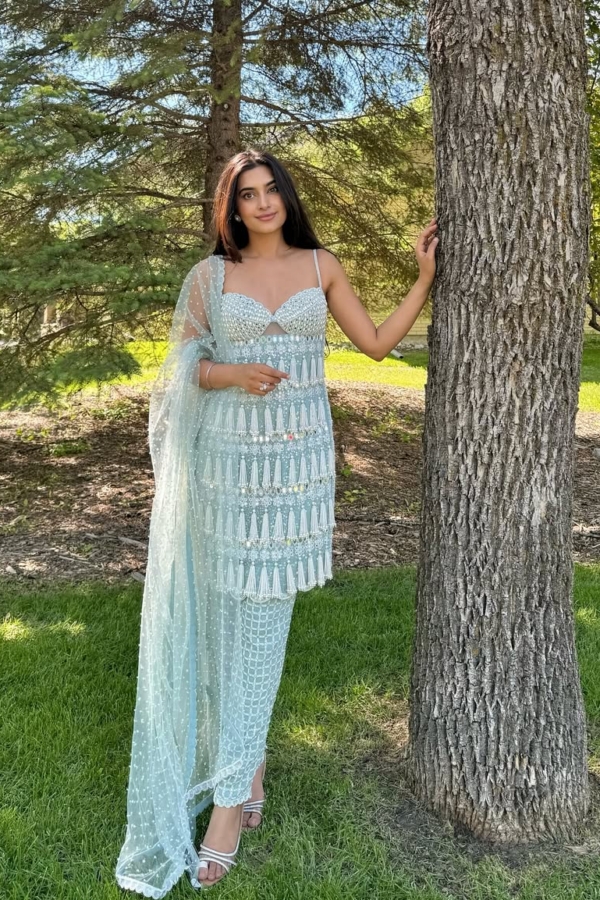 BHAVDEEP KAUR In Powder Blue Chandelier Pearl Drop Pant Kurta Set