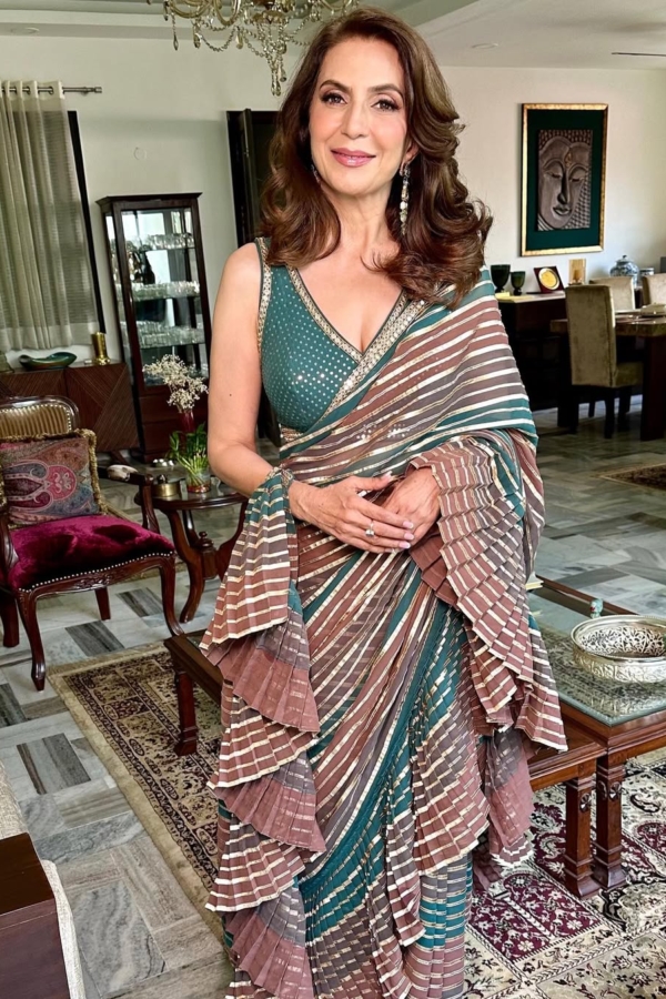 SEEMA PURI In Pre Draped Gota Mud Green Multicolor Saree Set