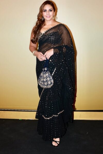 HUMA QURESHI In Black Frill Saree Set